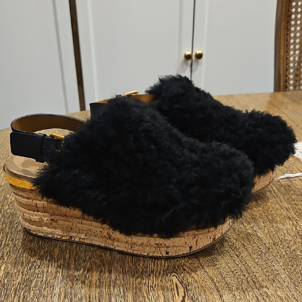 Chloé Camille Black Shearling Platform Mules